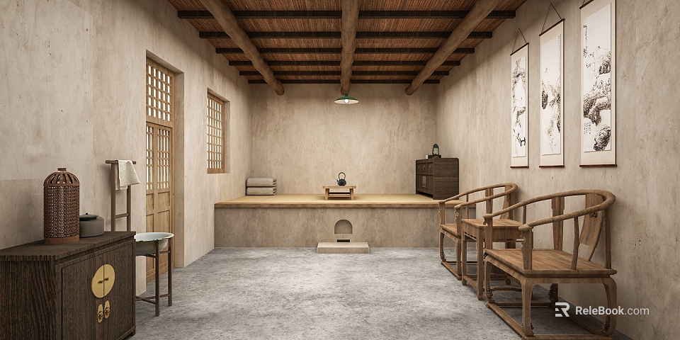 Traditional Chinese Style Room With Wooden Furniture And Earthen Walls 3d model 