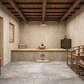Traditional Chinese Style Room With Wooden Furniture And Earthen Walls