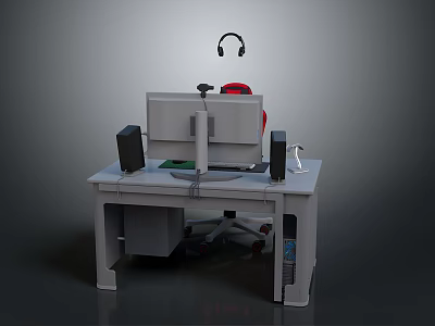 Home Office Computer Desk With Monitor Headphones Speakers Keyboard Mouse And Chair 3d model