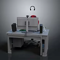 Home Office Computer Desk With Monitor Headphones Speakers Keyboard Mouse And Chair