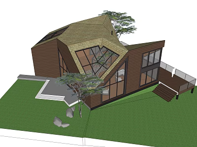 Modern Geometric Roof House With Wooden Exterior And Large Glass Windows On Green Lawn 3d model