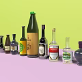 Stylish Wine Bottles and Glasses Arranged with Colorful Labels and Designs