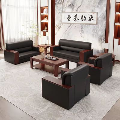 Black Leather Sofa And Wooden Coffee Table Set in Chinese Style Reception Area 3d model