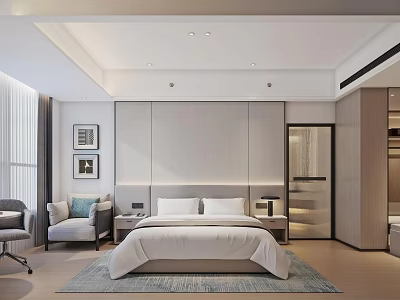 Modern Hotel Guest Room Interior With King Bed Accent Chair And Area Rug 3d model
