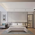 Modern Hotel Guest Room Interior With King Bed Accent Chair And Area Rug