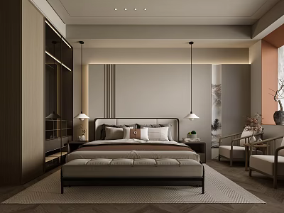 Modern Bedroom Interior With Large Bed Pillows Nightstands Pendant Lights And Rug 3d model