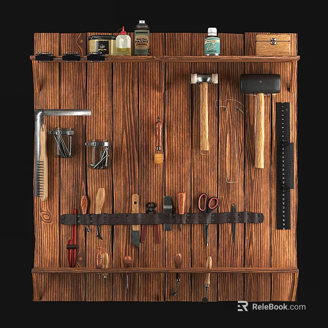 Hanging Hardware Tools Organized on Wooden Wall Featuring Hammers Pliers Wrenches Scissors and Tape Measure 3d model 