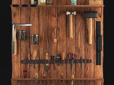 Hanging Hardware Tools Organized on Wooden Wall Featuring Hammers Pliers Wrenches Scissors and Tape Measure 3d model