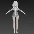 Woman with silver hair in gray jacket white top blue shorts barefoot on black background