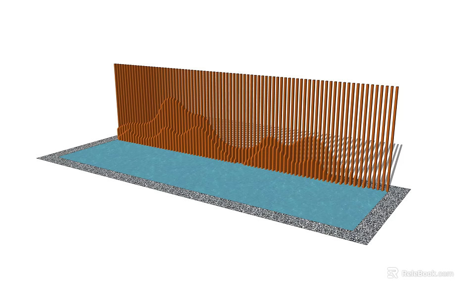 Wooden Slatted Feature Wall With Wavy Pattern And Front Water Pool On Gravel Ground 3d model 
