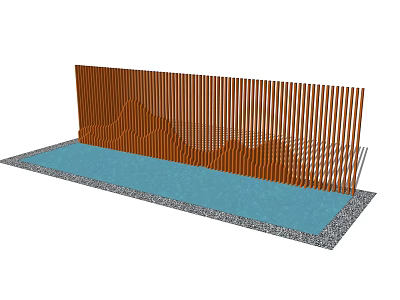 Wooden Slatted Feature Wall With Wavy Pattern And Front Water Pool On Gravel Ground 3d model