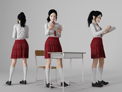 Young Schoolgirl in White Shirt and Red Plaid Skirt by Desk and Chair Reading Notes 3d model