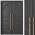 Black Wooden Door Elegant Design With Golden Handles Circular Decorations And Arched Patterns