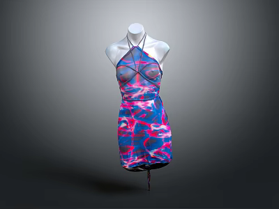 Fashionable Halter Neck Sheer Dress With Blue Pink Tie Dye Print For Modern Women's Wardrobe 3d model