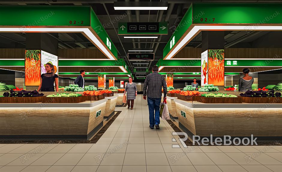 Modern Vegetable Market Farmers Market Stalls Fruit Shop Seafood Grain Oil Zone Shelf Service Desk model