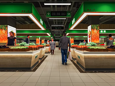 Supermarket Produce Aisle With Fresh Fruits Vegetables Shoppers And Organized Shelves 3d model