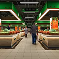 Supermarket Produce Aisle With Fresh Fruits Vegetables Shoppers And Organized Shelves