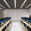 School Computer Classroom With Rows Of Desks Computers And Projector Screen 3d model