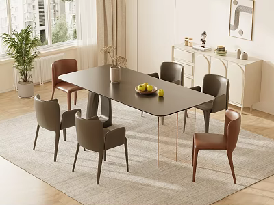 Modern Rectangular Dining Table Set With Six Gray And Brown Chairs On Light Rug 3d model