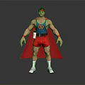 Muscular Superhero Character With Red Cape Blue Vest Yellow Logo Red Shorts And White Sneakers