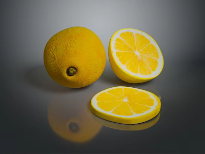 Fresh Ripe Whole Lemon and Sliced Lemon with Juicy Pulp on Dark Surface 3d model