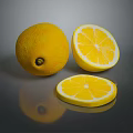 Fresh Ripe Whole Lemon and Sliced Lemon with Juicy Pulp on Dark Surface