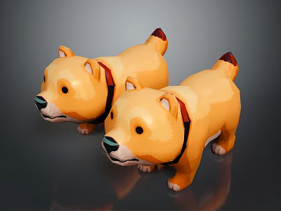 Two Yellow Stuffed Dog Toys With Red Collars On Gray Background 3d model