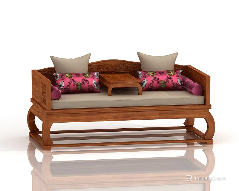 Traditional Chinese Wooden Luohan Bed With Carved Frame Small Table And Decorative Cushions 3d model 