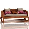Traditional Chinese Wooden Luohan Bed With Carved Frame Small Table And Decorative Cushions