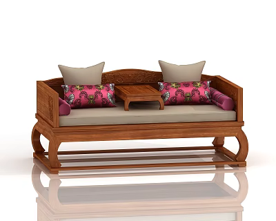 Traditional Chinese Wooden Luohan Bed With Carved Frame Small Table And Decorative Cushions 3d model