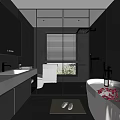 Modern Bathroom With Marble Double Sinks Large Mirrors And Bathtub With Rose Petals