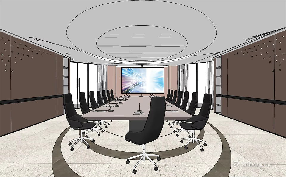Contemporary Conference Room Featuring Round Table Black Office Chairs And Large Projection Screen 3d model 
