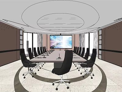 Contemporary Conference Room Featuring Round Table Black Office Chairs And Large Projection Screen 3d model