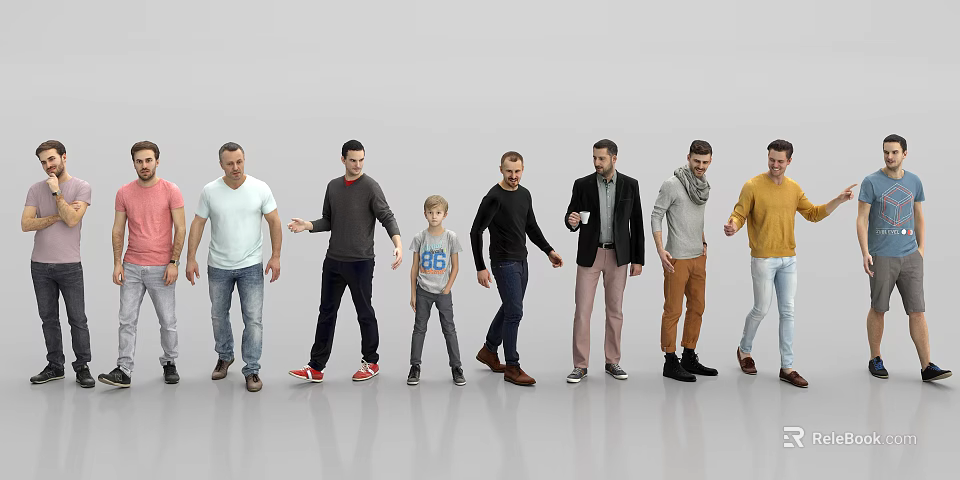 Diverse group of people standing in a row wearing various casual outfits 3d model 