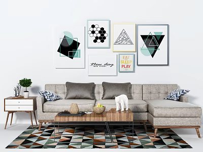 Nordic Multiplayer Sofa Fabric Corner Sofa Coffee Table Hanging Picture Combination 3d model