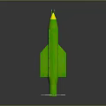 Green Rocket Model 3D Rendering with Yellow Nose Cone and Silver Stand Base