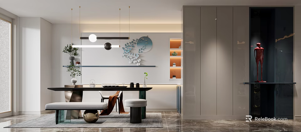 Modern Tea Room Interior With Chic Decor And Hanging Lights 3d model