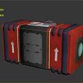 Red Equipment Case With Blue Accents Open Front Compartment And White Upward Arrows