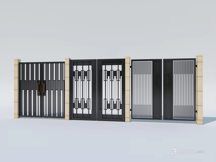 Modern Entrance Gate Design With Metal Vertical Stripes Geometric Patterns And Side Pillars 3d model 