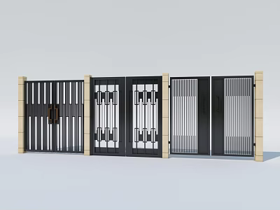 Modern Entrance Gate Design With Metal Vertical Stripes Geometric Patterns And Side Pillars 3d model