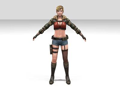 Combat Game Female Character With Red Top Denim Shorts Arm Guards And Boots 3d model