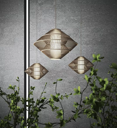 Three Woven Geometric Chandeliers Hanging with Green Plants Against Gray Wall 3d model Three Woven Geometric Chandeliers Hanging with Green Plants Against Gray Wall 3d model