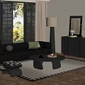 Modern Living Room With Black Leather Sofa Green Cushion Round Coffee Table And Floor Lamp