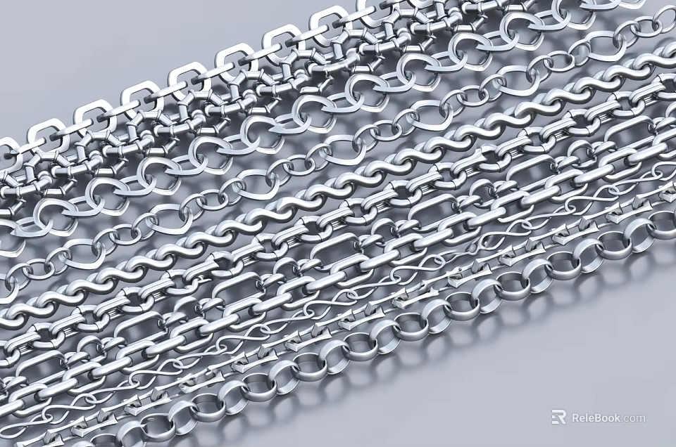Multiple Shiny Silver Metal Chains With Various Link Designs Arranged Neatly 3d model 