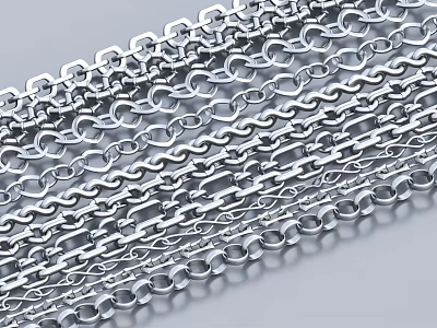 Multiple Shiny Silver Metal Chains With Various Link Designs Arranged Neatly 3d model