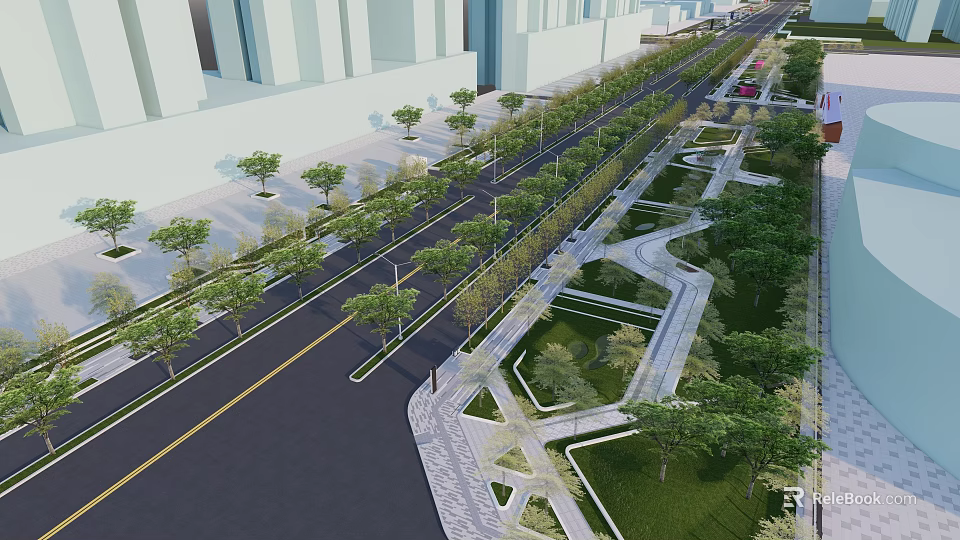 Urban Park Landscape With Tree Lined Walkways And Curved Green Spaces In City Setting 3d model 