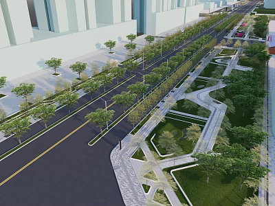 Urban Park Landscape With Tree Lined Walkways And Curved Green Spaces In City Setting 3d model