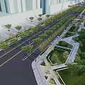 Urban Park Landscape With Tree Lined Walkways And Curved Green Spaces In City Setting