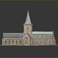 Church Model With Red Brick Structure Gray Spire Green Roof And Windows On Base