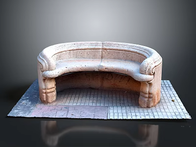 Classic Stone Curved Bench With Ornate Armrests On Brick Paved Surface 3d model